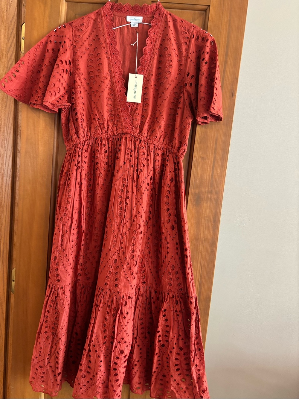 Sundance beautiful burnt orange Eyelet V-Neck Tiered Midi Dress